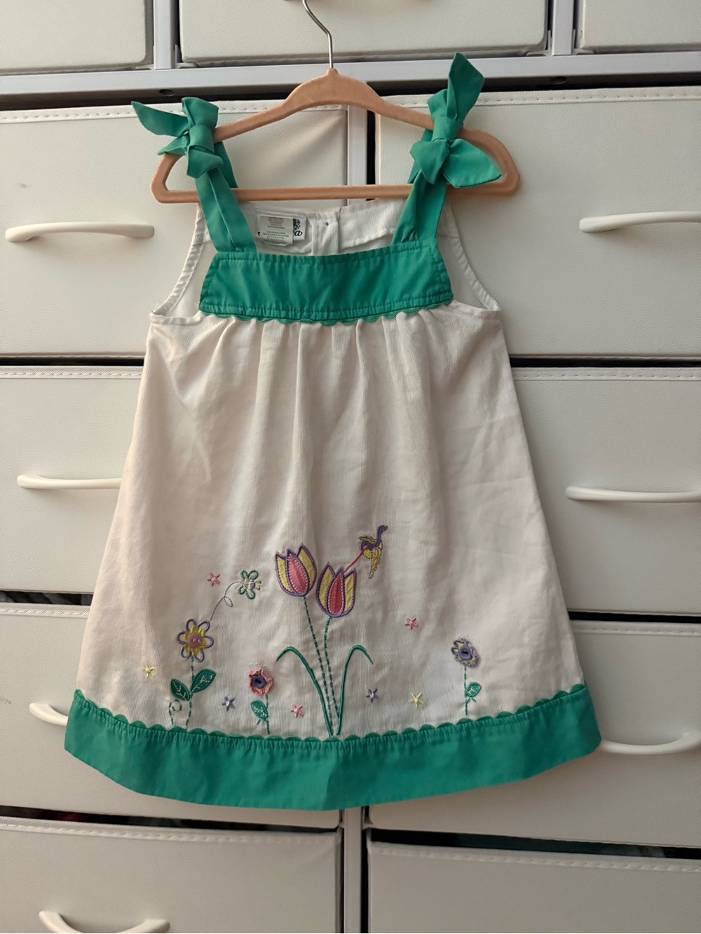 VTG Samara Girls Dress 3T White Green Corduroy Embroidered Tulip Floral Vintage